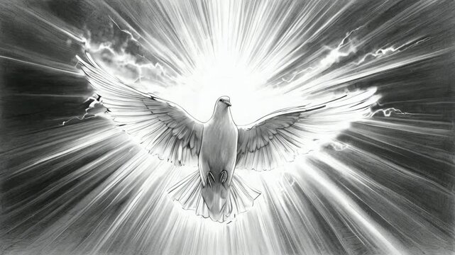 holy spirit as a white dove in rays of light, symbolizing Christian enlightenment and peace in black white sketch art style  -- 4k stock video footage AI