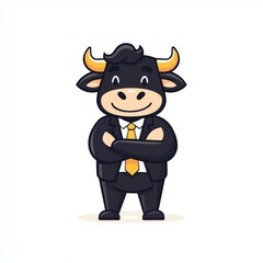 Cartoon bull in a business suit with arms crossed. Professional, confident, and ready for success.