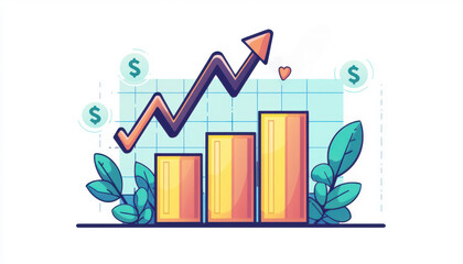 Colorful graph with upward arrow showing growth and success in business and finance. Animated leaves and dollar signs included.
