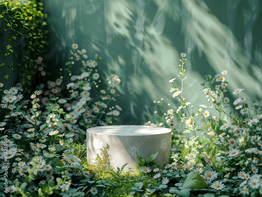 Aufkleber round stone podium with daisies and greenery on green wall background, creating a natural and fresh 