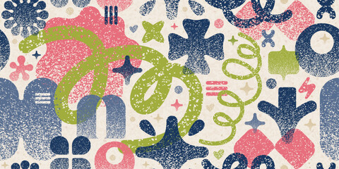 Noise y2k grafitti shapes pattern. Abstract figures with grain gradient background. Halftone gradation vector elements with dot noise. Y2k graphic geometric seamless shapes. Pixel pink green design