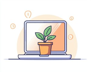 Illustration of a laptop with a potted plant on it, symbolizing growth, technology, and eco-friendliness. Ideal for business or tech content.