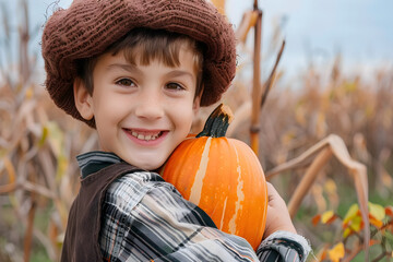 Smiling boy with pumpkin on his shoulder