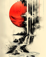 A painting of a red sun with a waterfall in the background