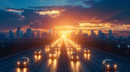 Cars on Highway at Sunset with Cityscape