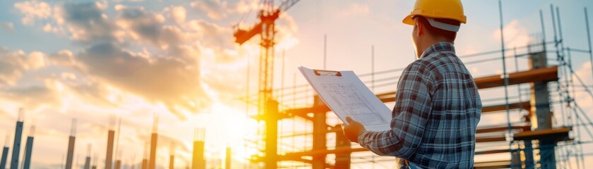 Engineer Reviewing Blueprints at Construction Site