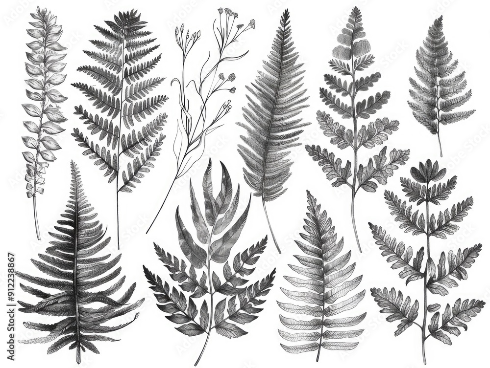 Poster a collection of detailed line art sketches depicting the intricate forms and textures of various fer