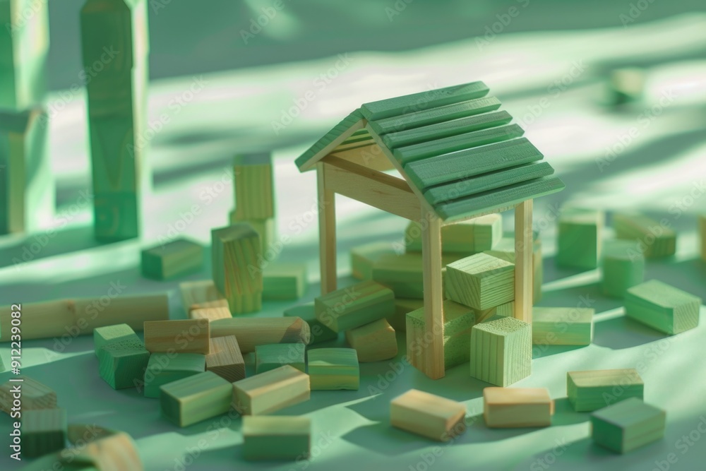 Poster A small wooden structure surrounded by building blocks, ideal for use in illustrations about creativity, imagination, or childhood
