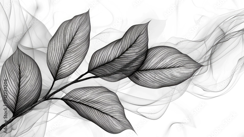 Poster minimalist line art featuring delicate leaf outlines with intricate botanical inspired patterns in a