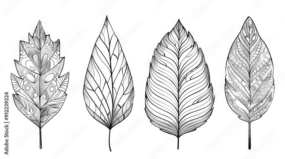 Aufkleber line art outlines of detailed patterned leaves in monochrome botanical elegant and minimal graphics 