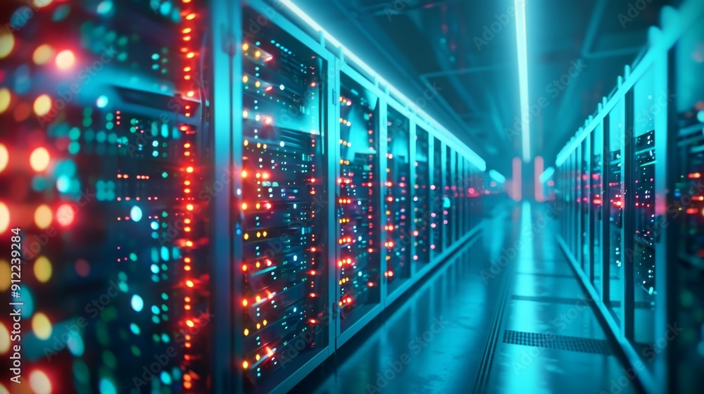 Poster modern data center with illuminated servers