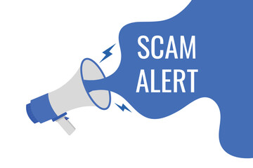 scam alert button, banner, label, template for website. scam alert text with colorful megaphone icon
