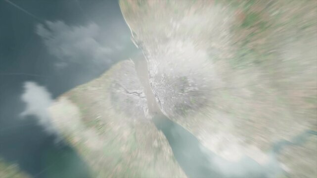 Earth zoom from space on Liverpool - United Kingdom. And zoom out through clouds and atmosphere into space. Satellite view.