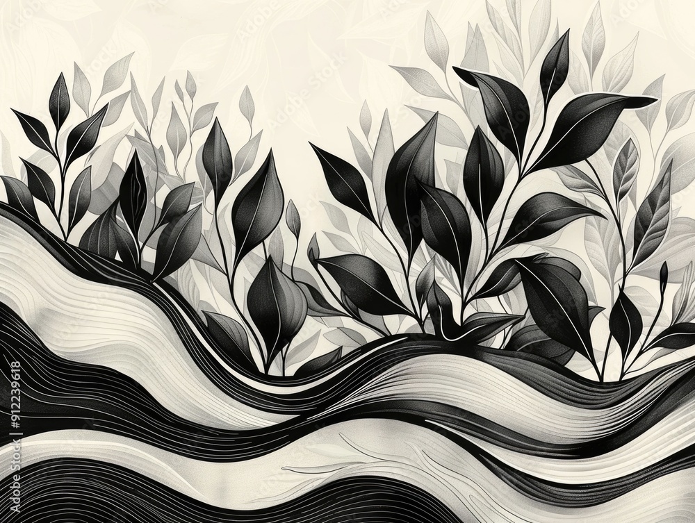 Poster elegant and minimalist abstract floral line art botanical compositions with intricate monochrome pat