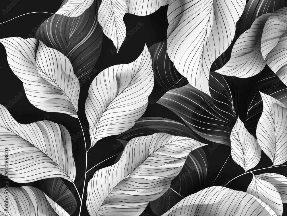Poster elegant monochrome leaf pattern with flowing abstract line art design stylized botanical featuring m