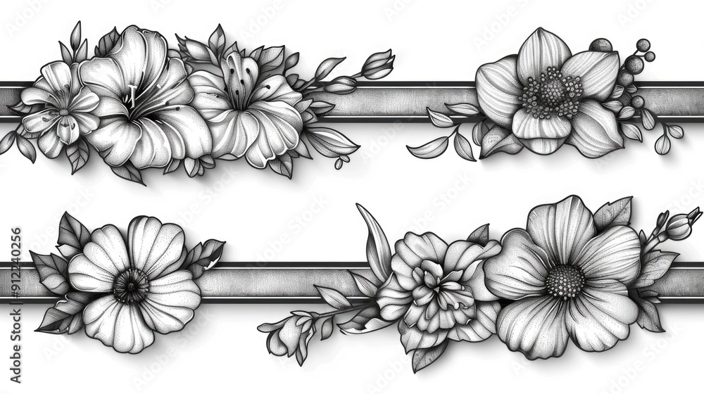 Poster exquisite line art floral banners with intricate botanical patterns in a classic black and white col