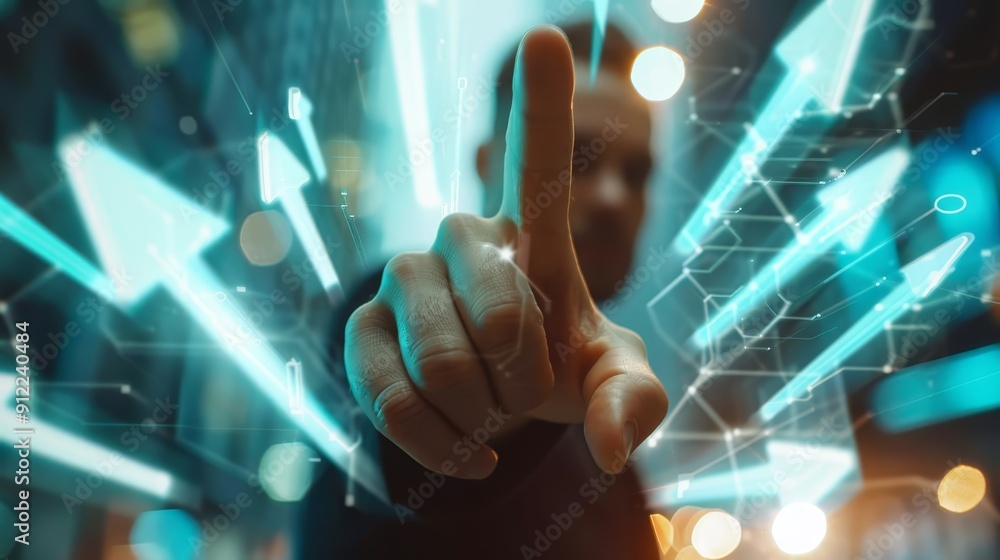Poster hand pointing at digital interface with arrows