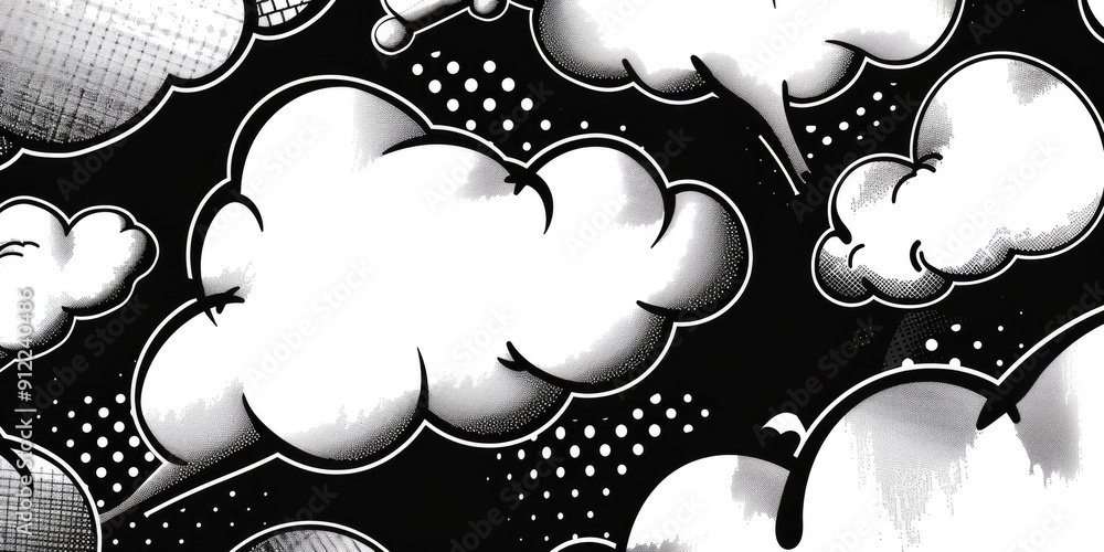 Poster A black and white photo of a bunch of clouds in the sky, ideal for use in weather-related or atmospheric illustrations