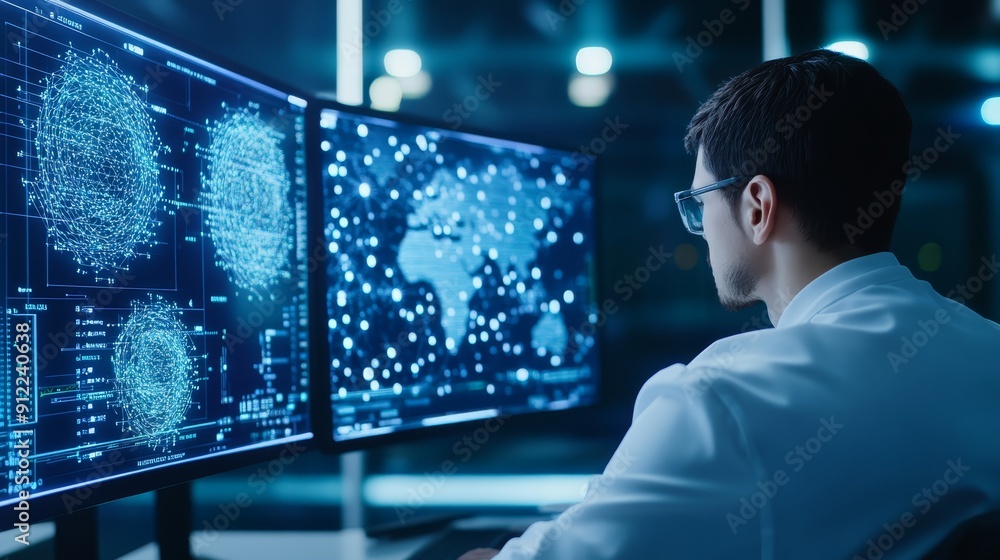 Poster scientist analyzing data on multiple monitors