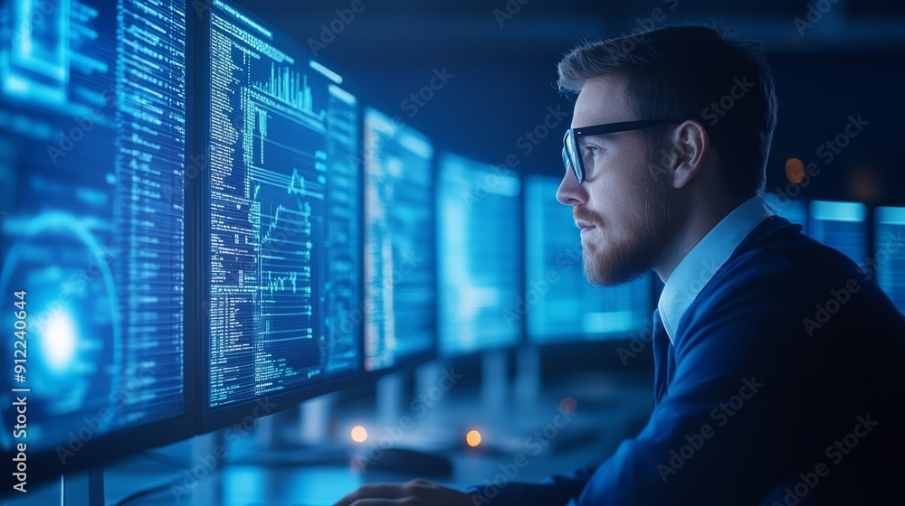 Poster focused analyst working on multiple monitors