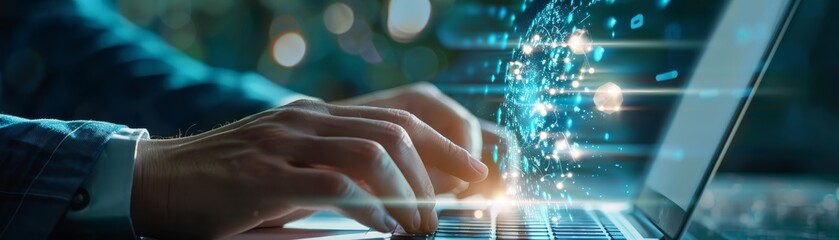 Hands Typing on Laptop with Digital Data