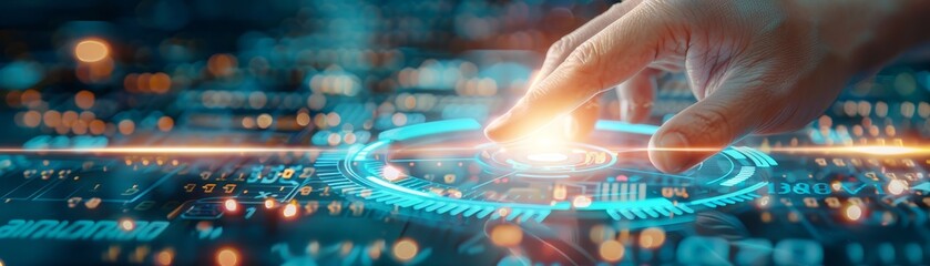 Hand interacting with futuristic virtual interface