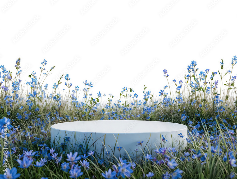 Aufkleber empty round podium with blue flowers displaying springtime on white background