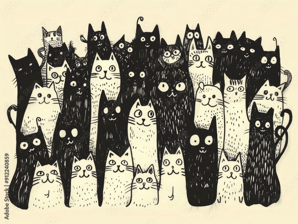 Poster whimsical and playful doodle cat in an abstract black and white pattern design cute and quirky carto