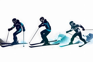 Obraz premium Dynamic silhouettes of three skiers showcasing elegant movement on the slopes.