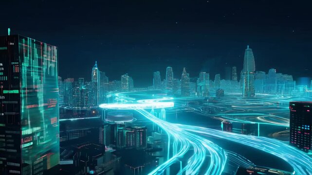 Wide shot: Neon blue virtual cityscape emerges from binary code. Central key icon glows as beacon. Pulsating light streams connect skyscrapers. Holographic data flows through digital metropolis.	