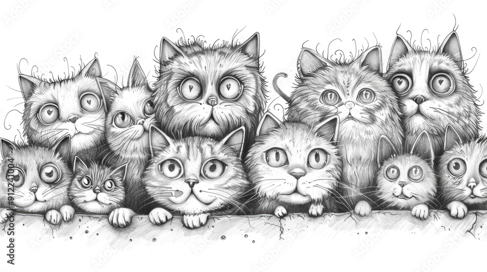 Poster whimsical doodle art featuring a group of playful expressive feline characters with quirky imaginati