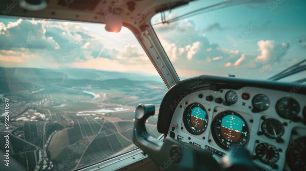 Poster cockpit interior of a small airplane with pilot at controls