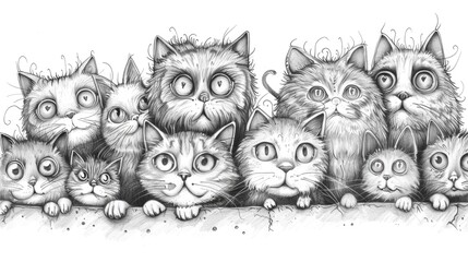 Whimsical doodle art featuring a group of playful expressive feline characters with quirky imaginative and amusing designs and expressions