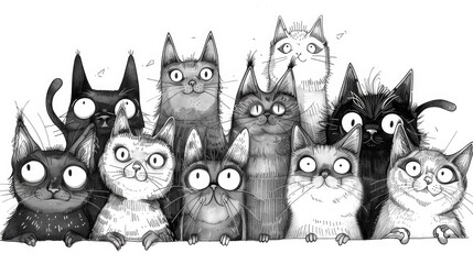 A charming collection of whimsical doodle art featuring a group of playful and expressive cartoon style cats in black and white  The quirky