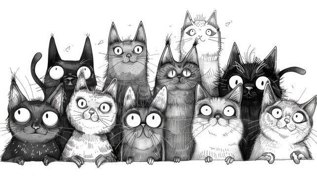 A charming collection of whimsical doodle art featuring a group of playful and expressive cartoon style cats in black and white  The quirky