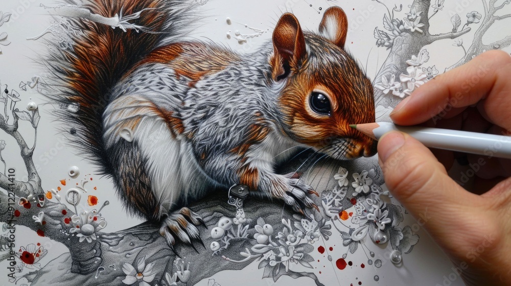 Aufkleber whimsical doodle style of a playful and adorable squirrel surrounded by intricate floral and leaf pa