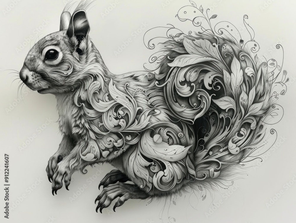 Poster intricate monochrome of a whimsical squirrel creature surrounded by decorative floral scrollwork and