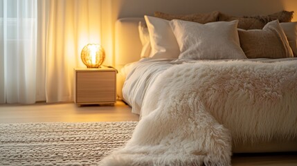 Peaceful bedroom corner with a neatly made bed, fluffy pillows, and a soft area rug, illuminated by gentle, warm light from a bedside lamp, simple and elegant design, mood of relaxation and serenity