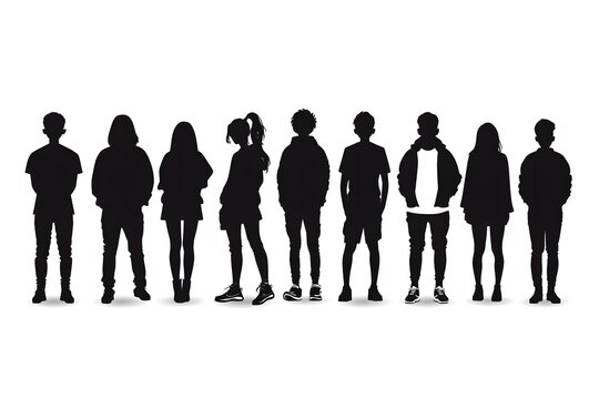 Silhouetted group of diverse young adults standing together against a light background.