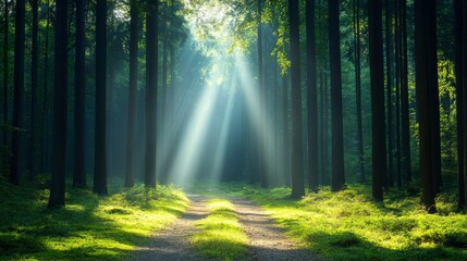 Fototapeta premium Sunlight Streaming Through Forest Trees