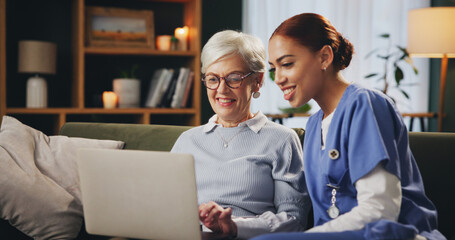 Assisted living, laptop and old woman with nurse on sofa in retirement home for medicine advice or checkup. Computer, consulting and healthcare with medical professional talking to senior patient