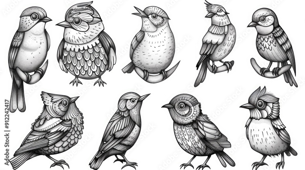 Aufkleber quirky and charming doodle art bird sketches with playful details and stylized hand drawn minimalist