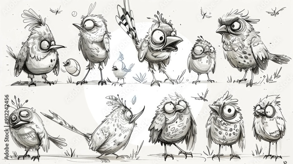 Aufkleber playful collection of quirky bird character sketches with whimsical bizarre and imaginative design d