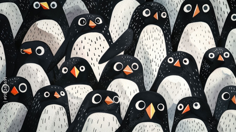 Poster whimsical penguins in a doodle art pattern with charming details playful and minimalistic ink drawin