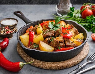 Bratkartoffeln mit Rindergulasch, roten Paprikas, Tomaten und frischen Kr&auml;utern in einer Pfanne
