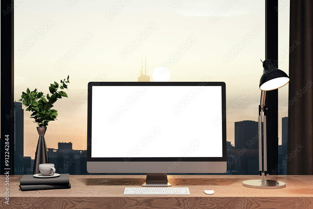 Fototapete modern designer office interior with empty white mock up computer screen. panoramic window with city