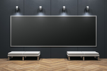 Modern exhibition hall interior with black mock up banner on dark wall, wooden flooring and seats. Gallery concept. 3D Rendering.