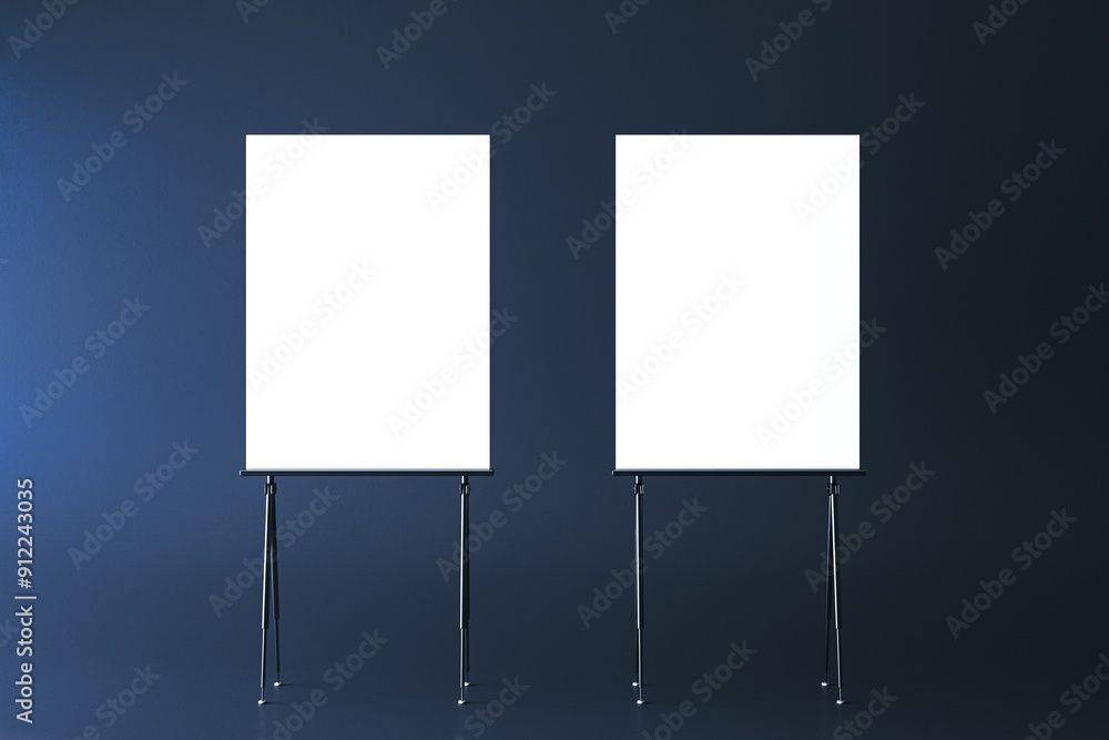 Aufkleber blank white mock up stands for placing images and texts. dark blue background. 3d rendering.