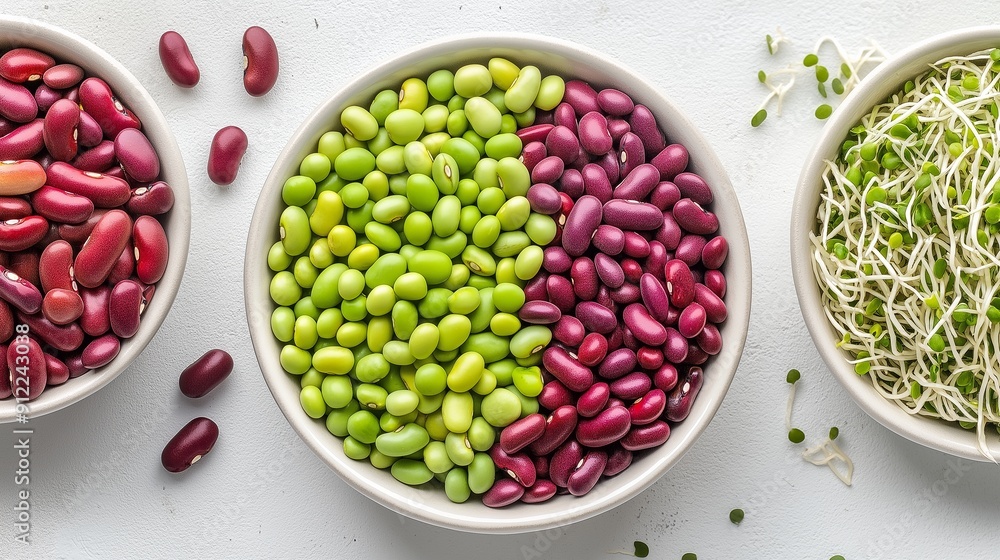 Poster three bowls of different colored beans and sprouts are arranged on a white background. the bowls are