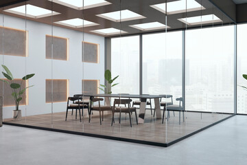 Modern meeting room interior with panoramic windows and city view. 3D Rendering.
